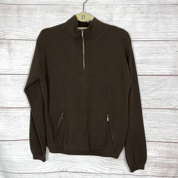 New BELFORD 1/4 Zip Sweater Pullover Kangaroo Pocket Brown Cotton Mock Neck M - Picture 2 of 12